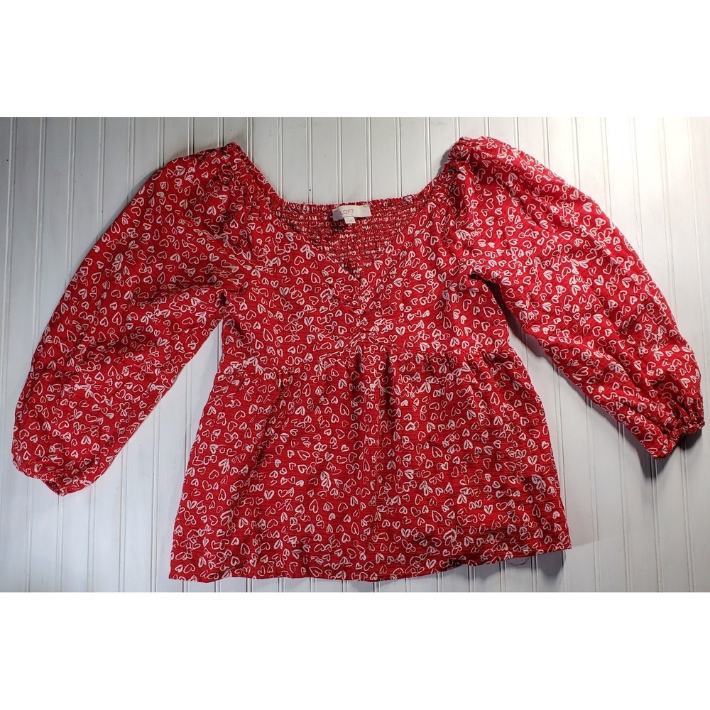 WOMENS‎ LOFT RED HEART PRINT CINCHED SWEATHEART NECKLINE BLOUSE SIZE 2